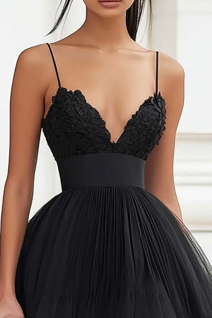 Black Tulle Tiered A Line Midi Graduation Dress