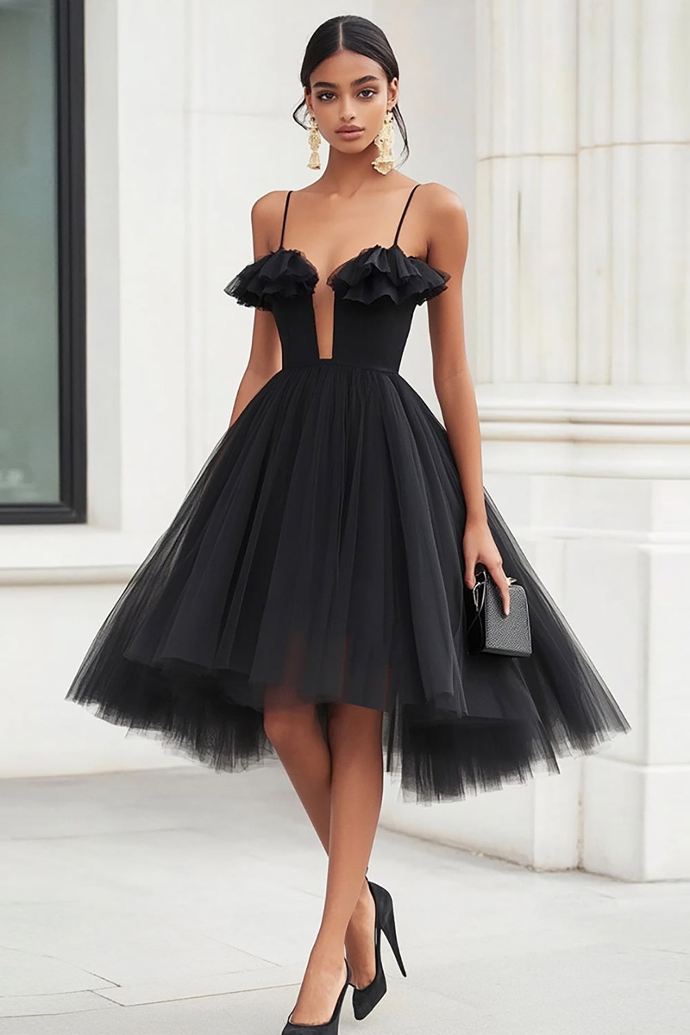 Leely Women Black A Line Midi Graduation Dress with Ruffles Tulle Spaghetti Straps Cocktail Dress
