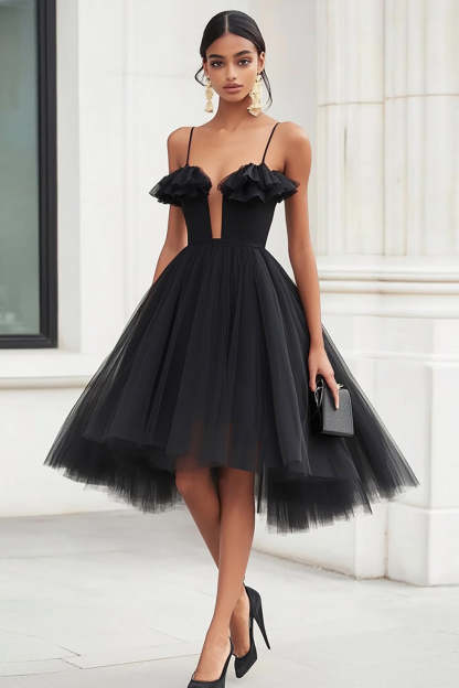 Leely Women Black A Line Midi Graduation Dress with Ruffles Tulle Spaghetti Straps Cocktail Dress