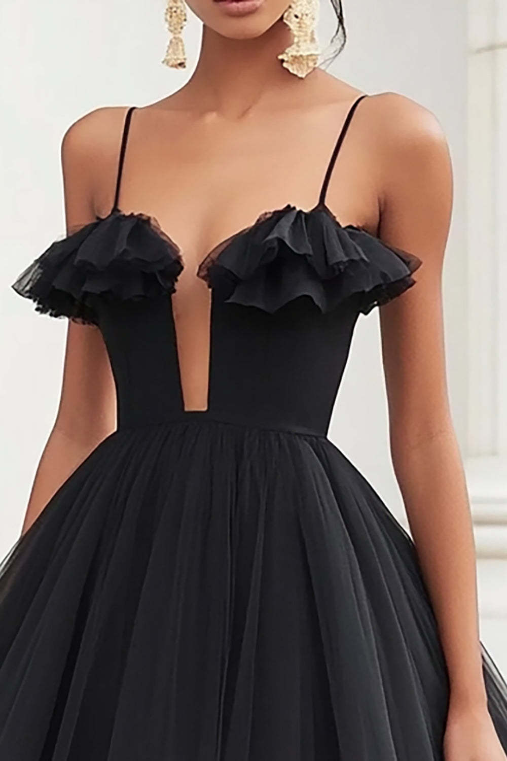 Black Tulle A Line Midi Graduation Dress with Ruffles