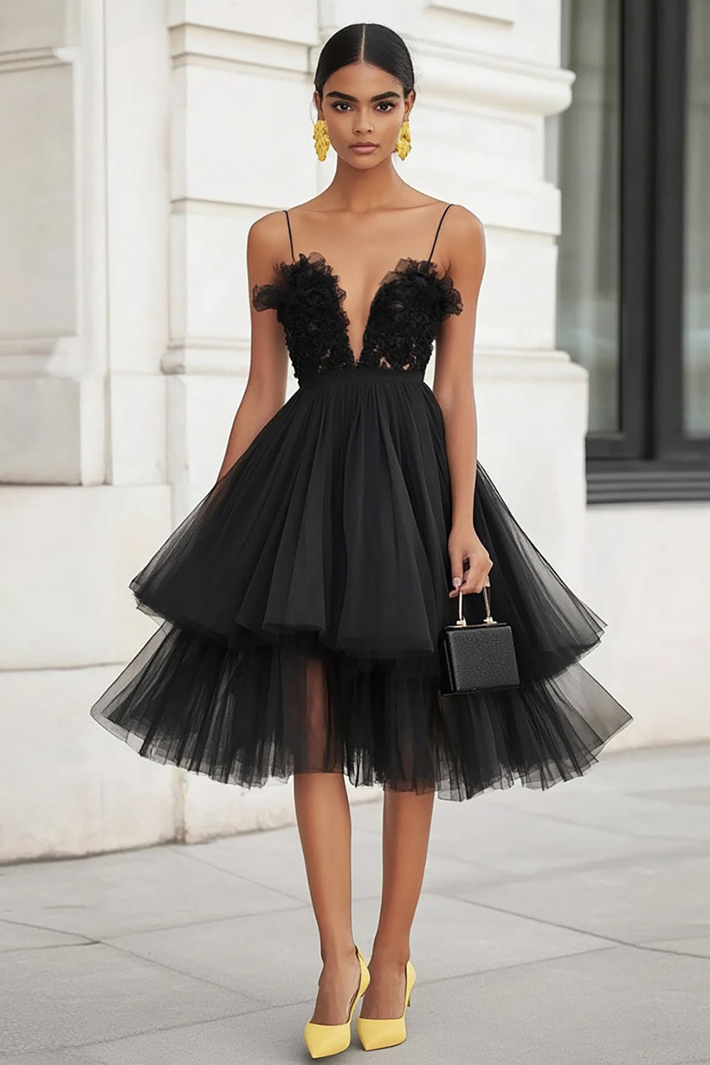 Leely Women Black Tiered Tulle Midi Graduation Dress with Ruffles V-Neck A Line Cocktail Dress