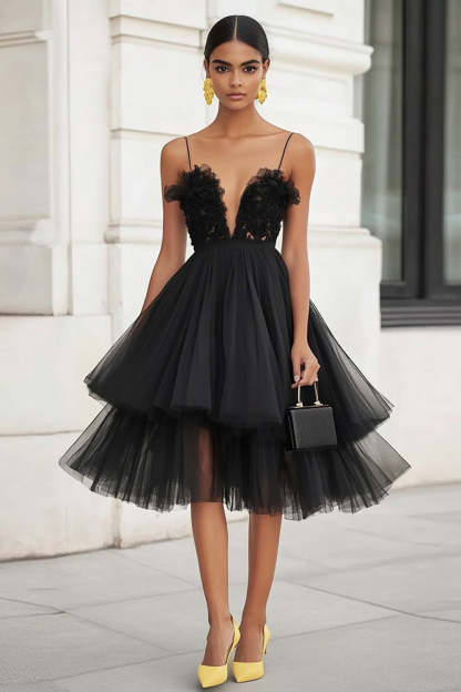 Leely Women Black Tiered Tulle Midi Graduation Dress with Ruffles V-Neck A Line Cocktail Dress