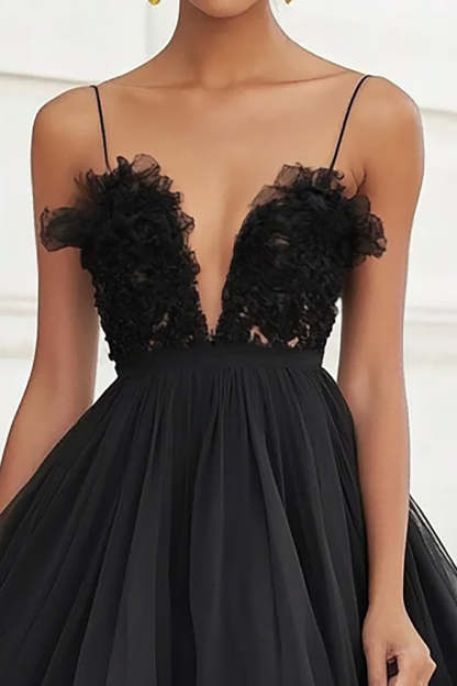 Black Tiered Tulle V-Neck Ruffled Graduation Dress