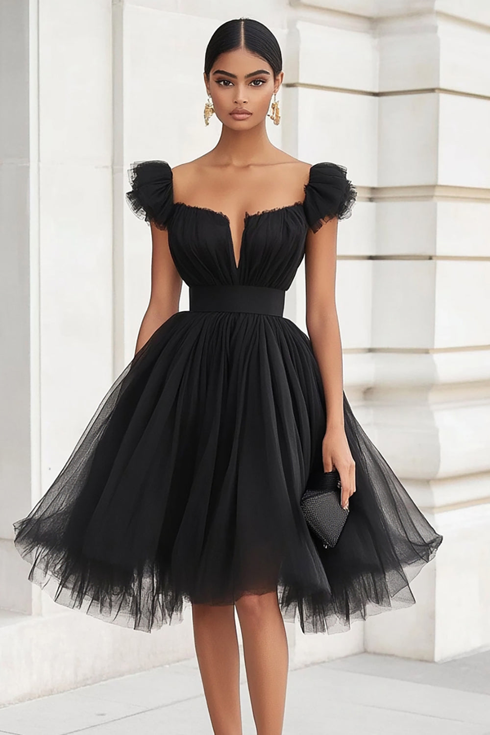 Black Tulle A Line Short Graduation Dress with Ruffles