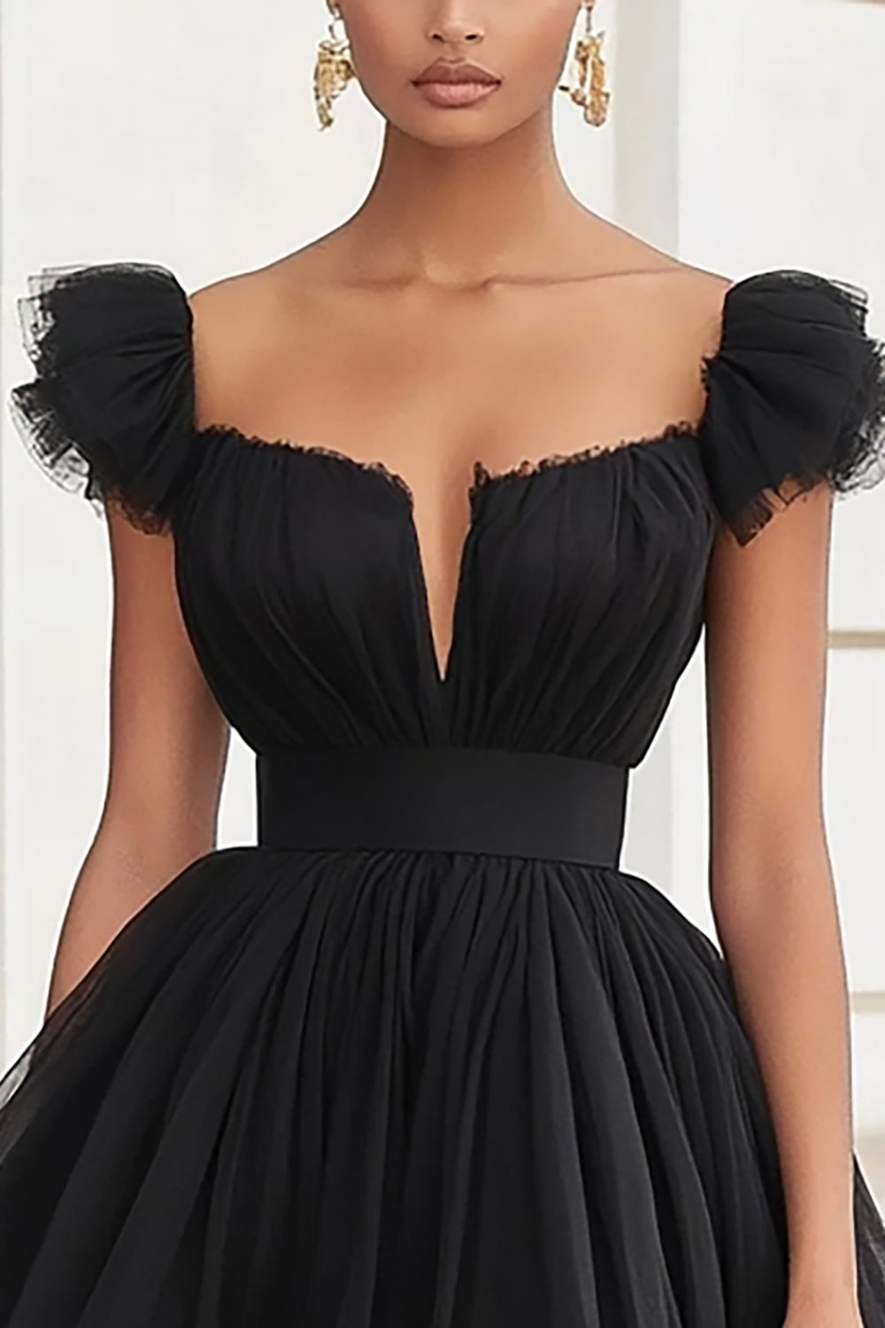 Black Tulle A Line Short Graduation Dress with Ruffles