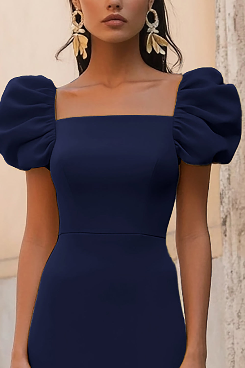 Navy A Line Satin Square Neck Maxi Formal Dress