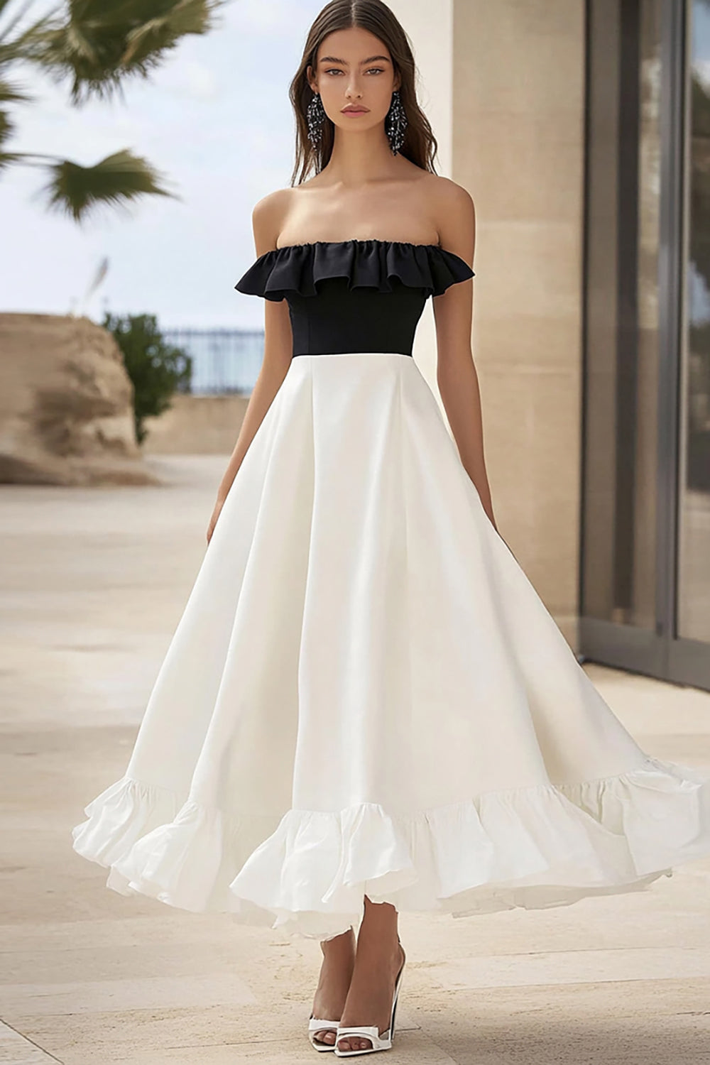 Black and White A Line Strapless Maxi Engagement Dress with Ruffles