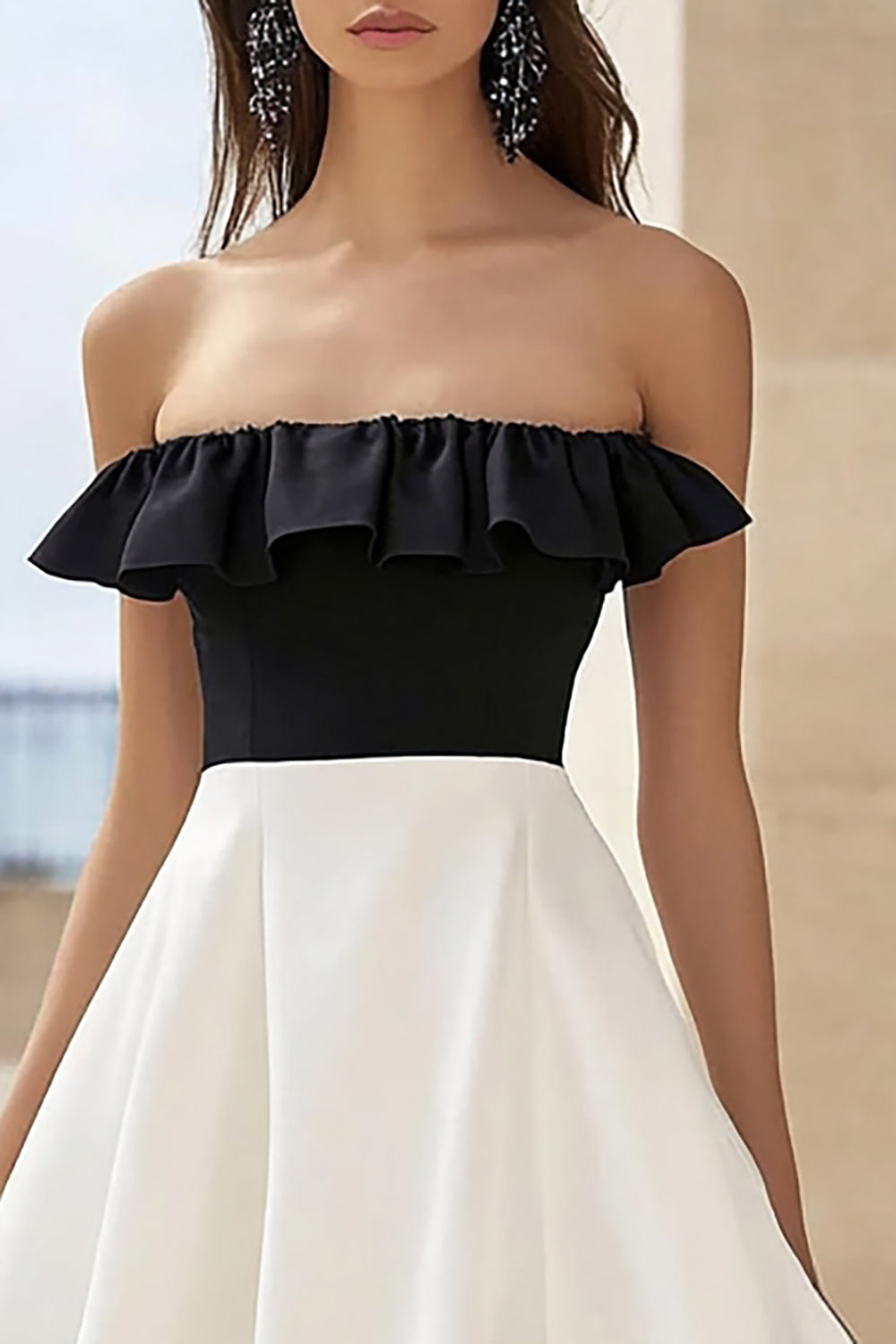 Black and White A Line Strapless Maxi Engagement Dress with Ruffles