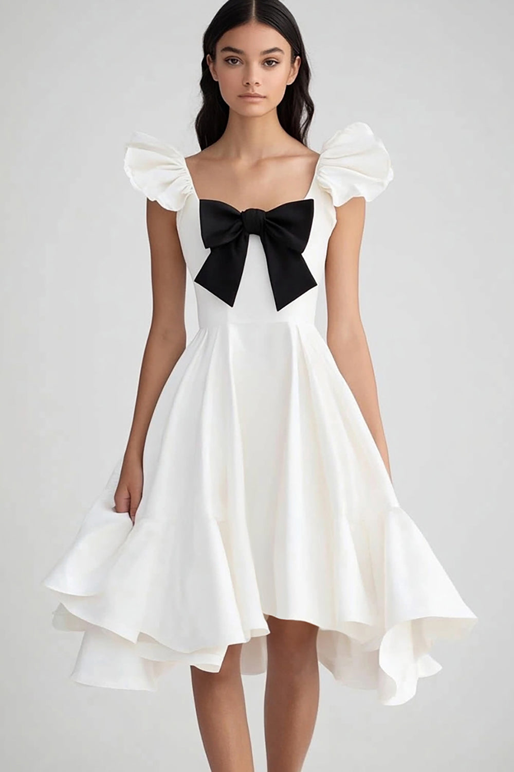White and Black Ruffled Satin Short Graduation Dress with Bow