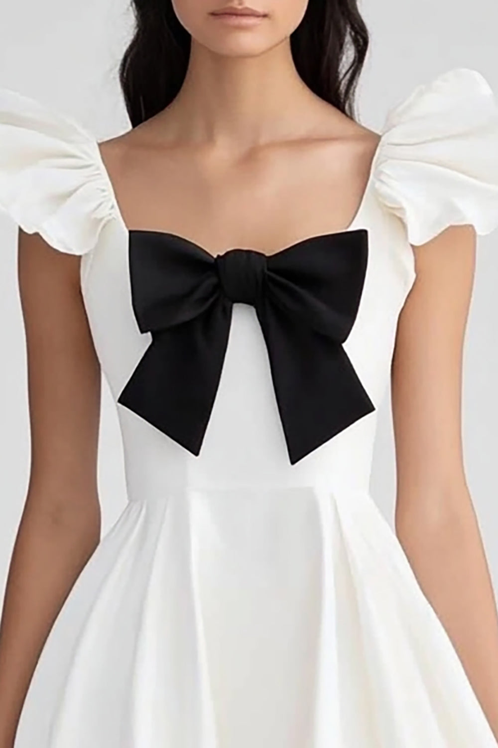 White and Black Ruffled Satin Short Graduation Dress with Bow