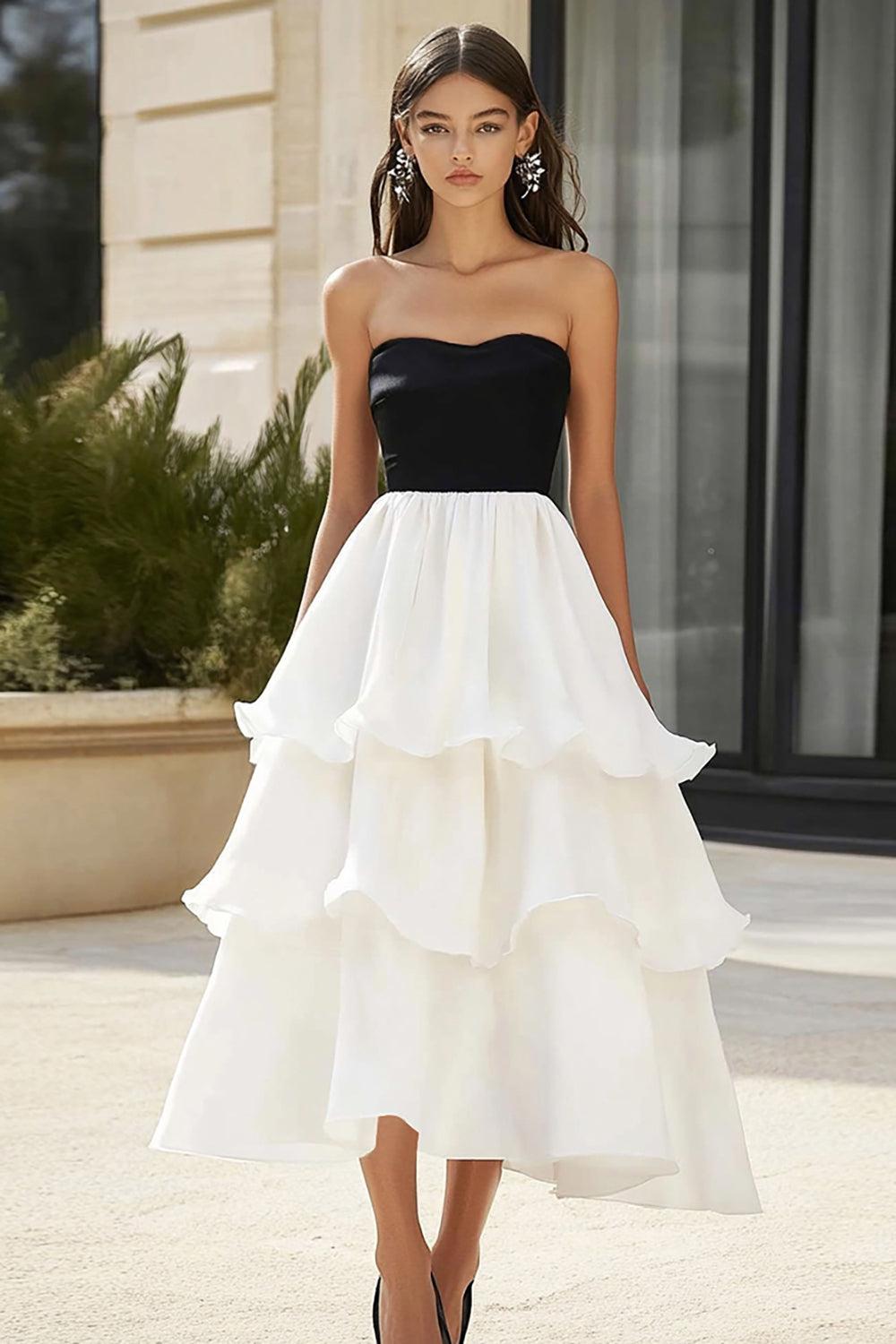 Black and White Tiered A Line Midi Engagement Dress with Ruffles