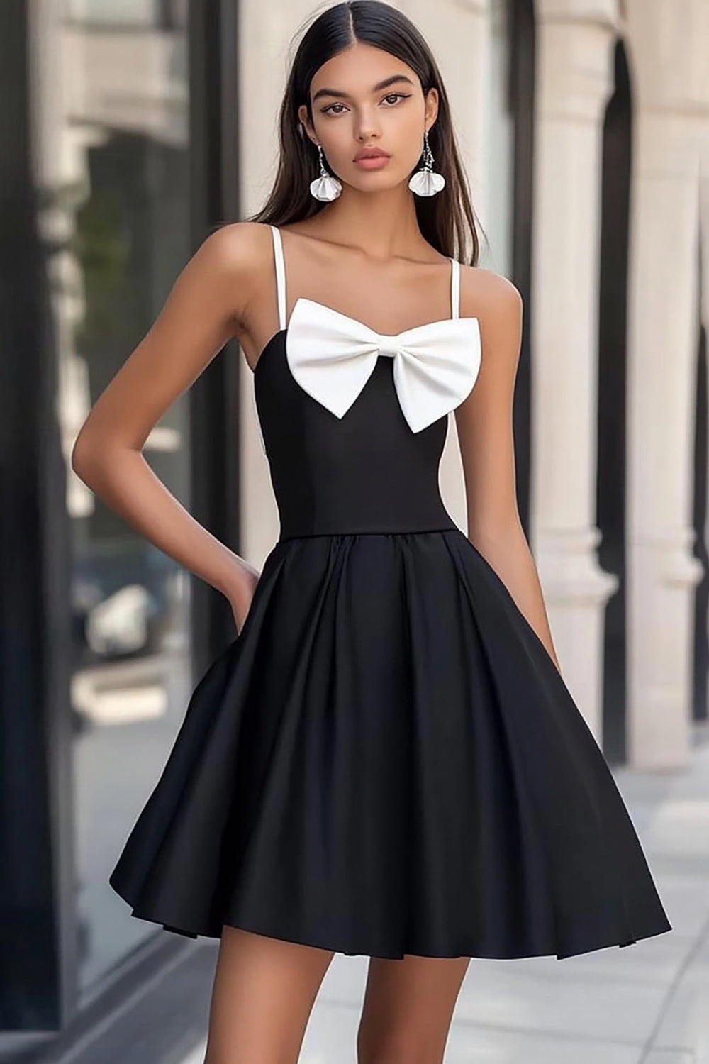 White and Black Satin A Line Mini Graduation Dress with Bow