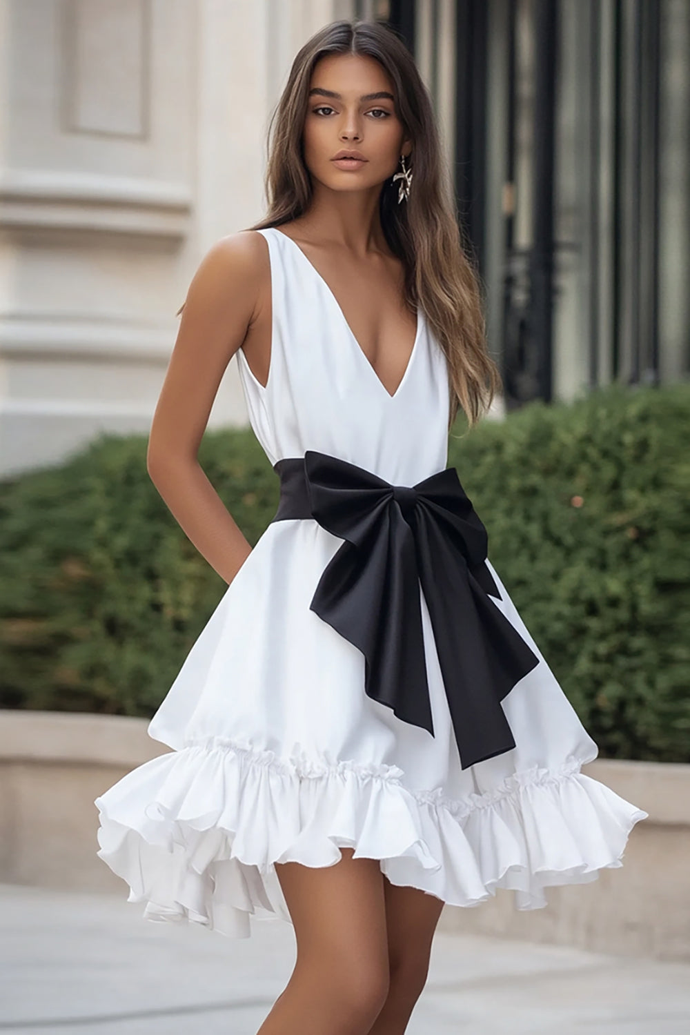 White and Black Ruffled V-Neck Short Graduation Dress with Bow