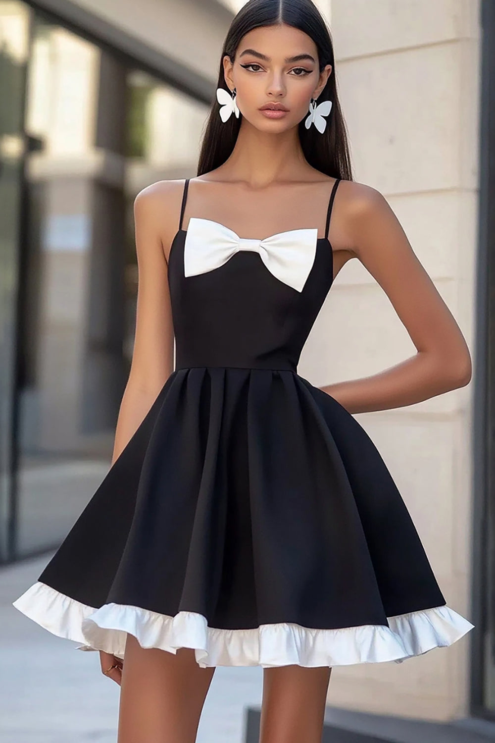 White and Black A Line Satin Mini Graduation Dress with Bow