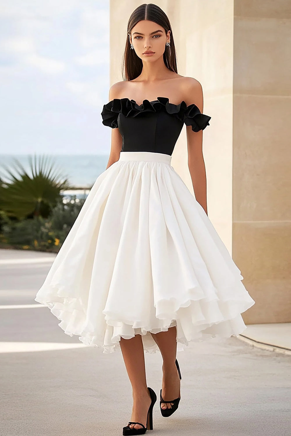 Black White A Line Off the Shoulder Midi Formal Dress with Ruffles