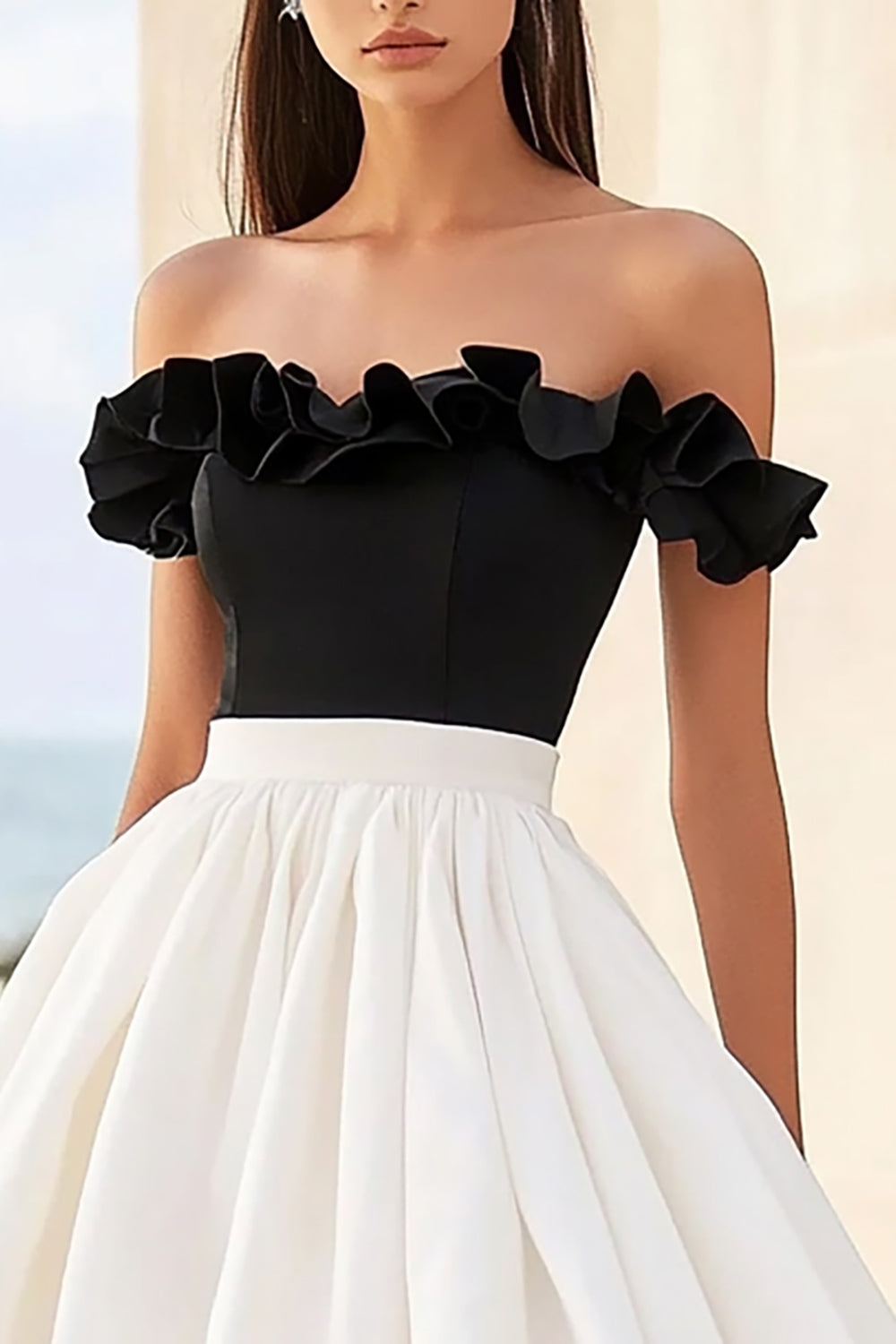Black White A Line Off the Shoulder Midi Formal Dress with Ruffles