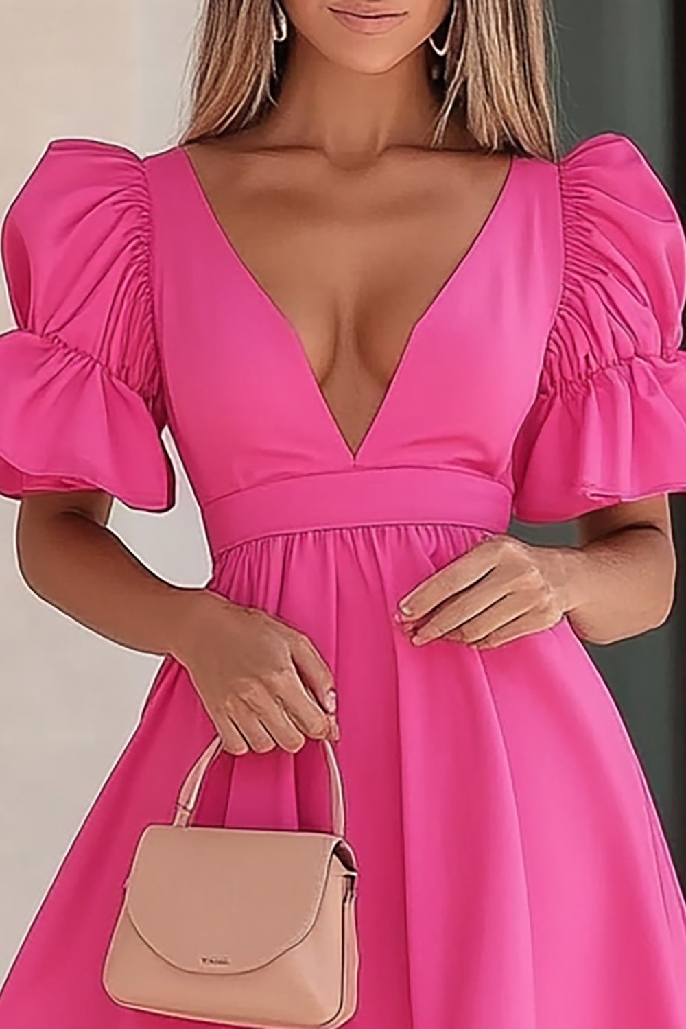 Fuchsia Satin V-Neck Short Cocktail Dress with Ruffles