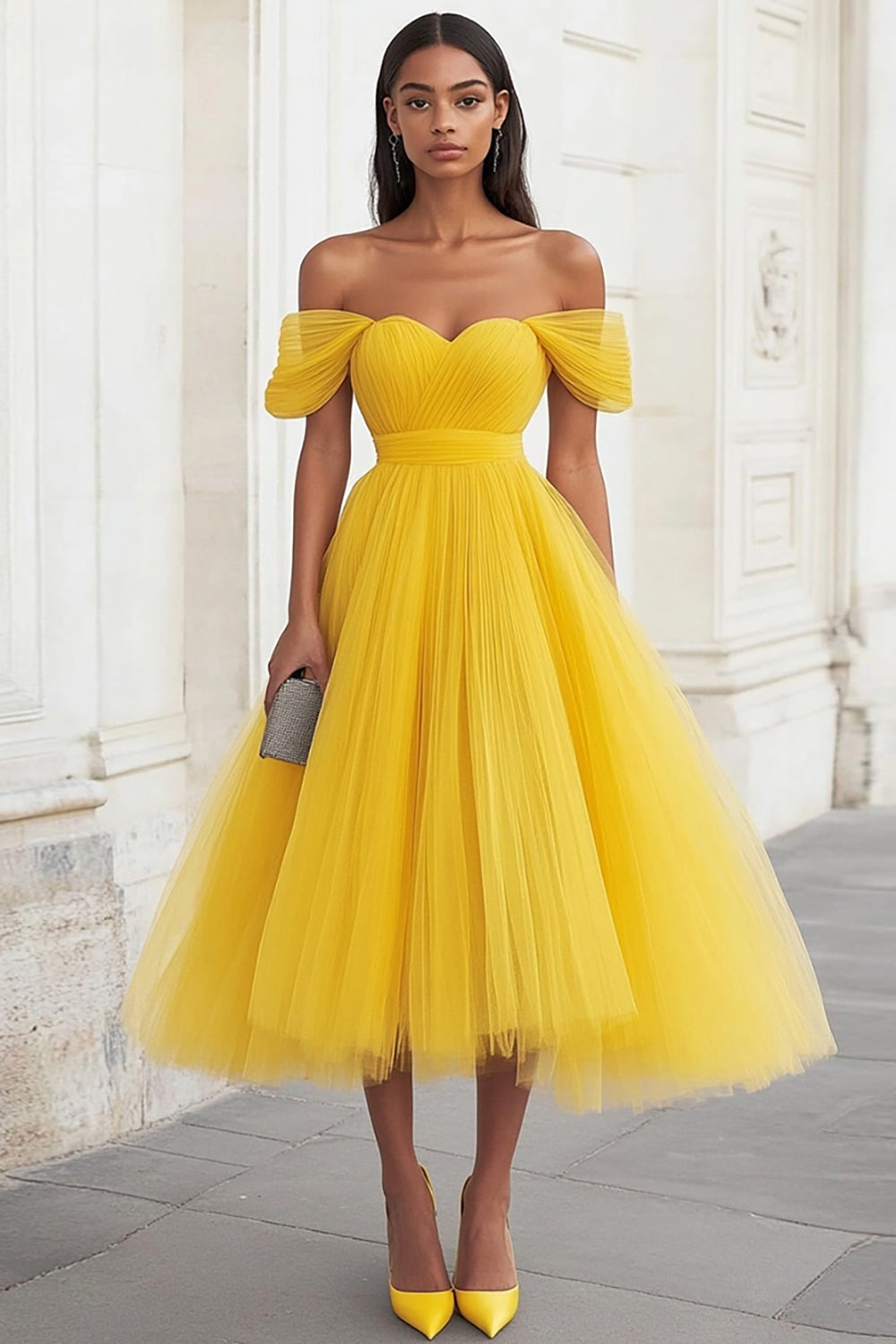 Leely Women Yellow Tulle Midi Formal Dress Off the Shoulder A Line Ruffled Prom Dress