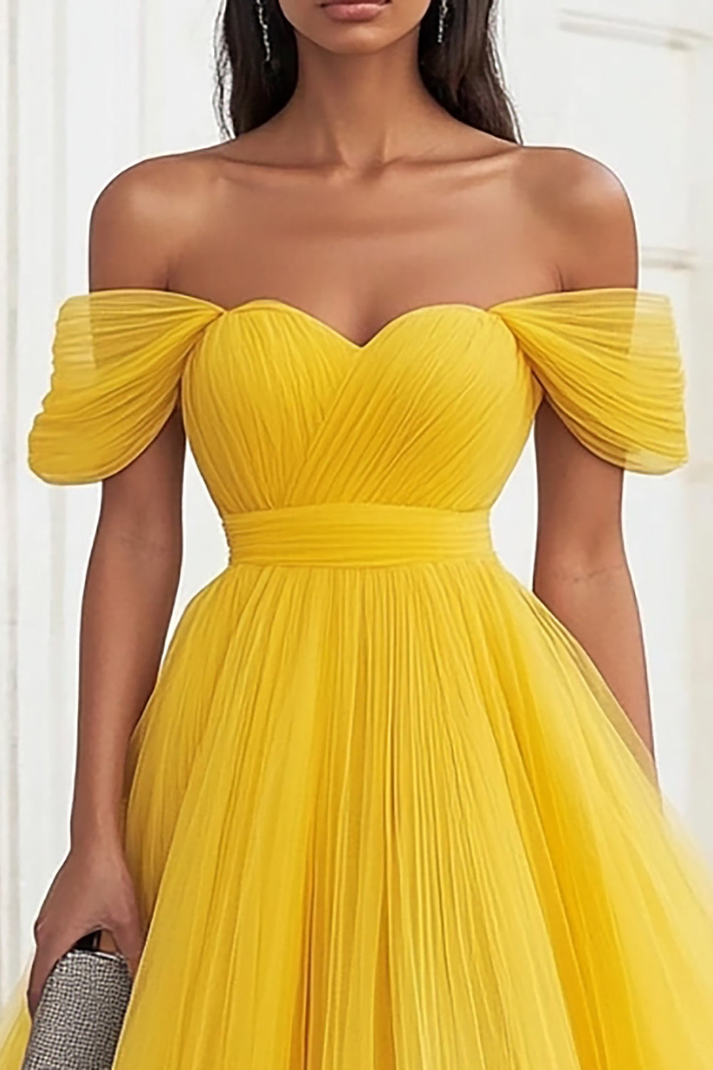 Yellow Tulle Off the Shoulder A Line Midi Formal Dress