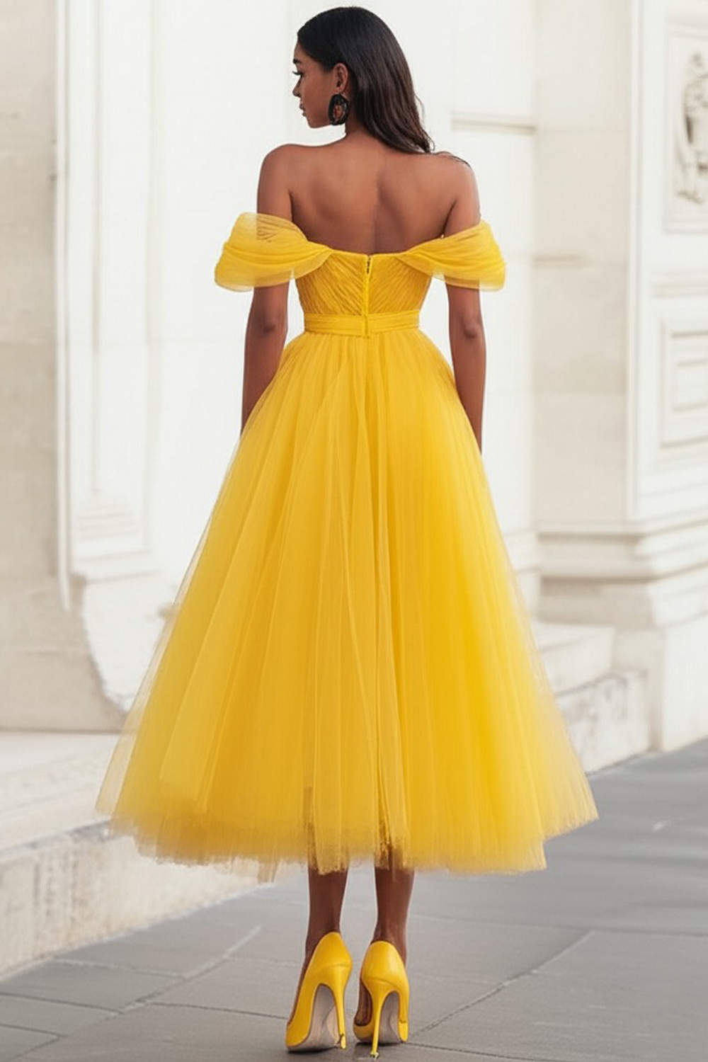 Yellow Tulle Off the Shoulder A Line Midi Formal Dress
