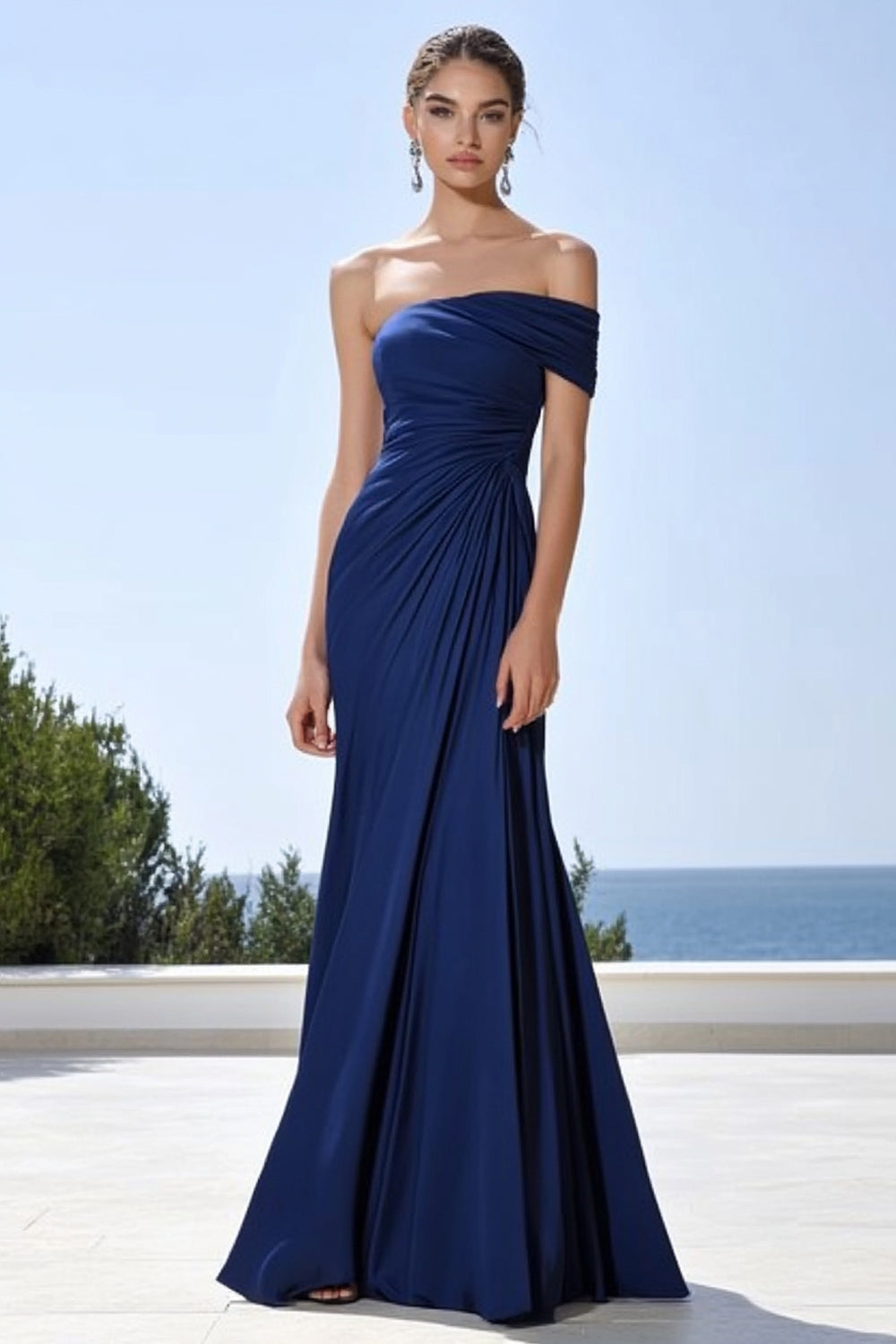 Leely Women Navy Mermaid Maxi Formal Dress One Shoulder Ruched Evening Dress