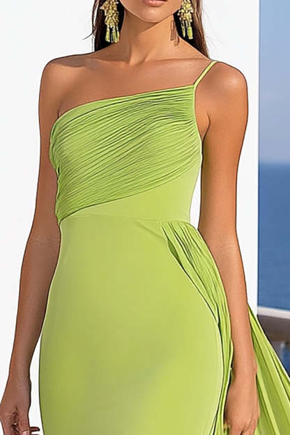 Lemon Green One Shoulder Mermaid Maxi Formal Dress with Side Cape