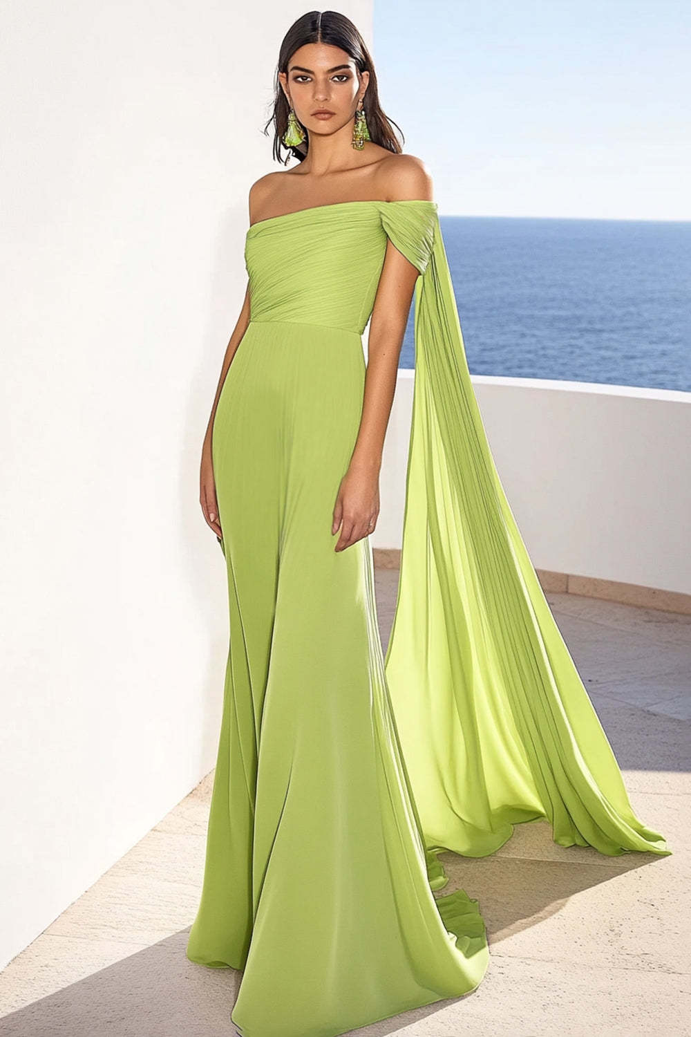 Leely Women Lemon Green Chiffon Maxi Formal Dress with Cape Ruched Sheath Evening Dress