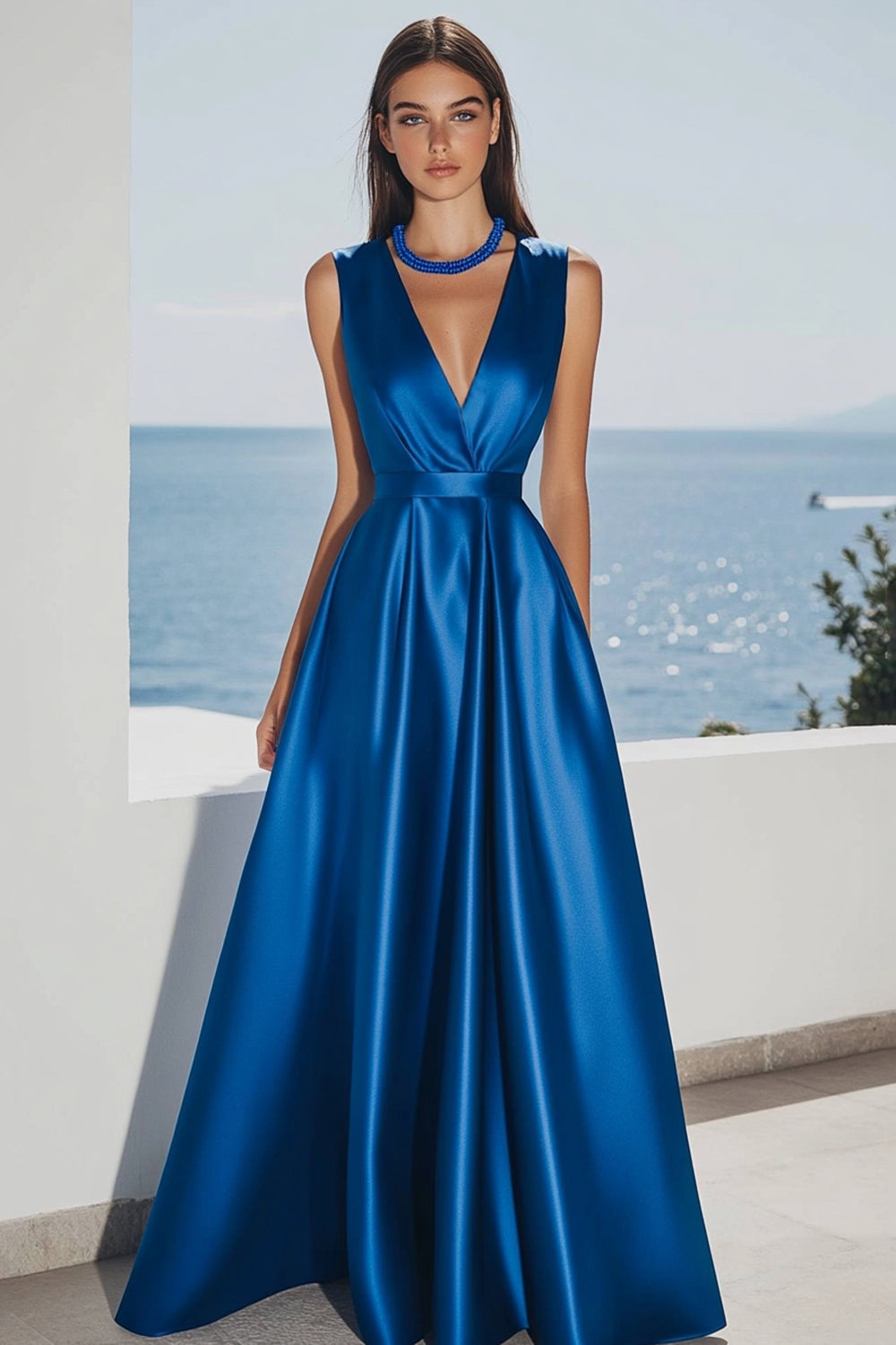 Maxi Royal Blue V-Neck A Line Satin Formal Dress