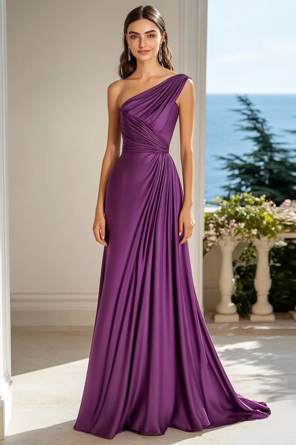 Leely Women Plum A Line Satin Maxi Formal Dress One Shoulder Ruched Evening Dress