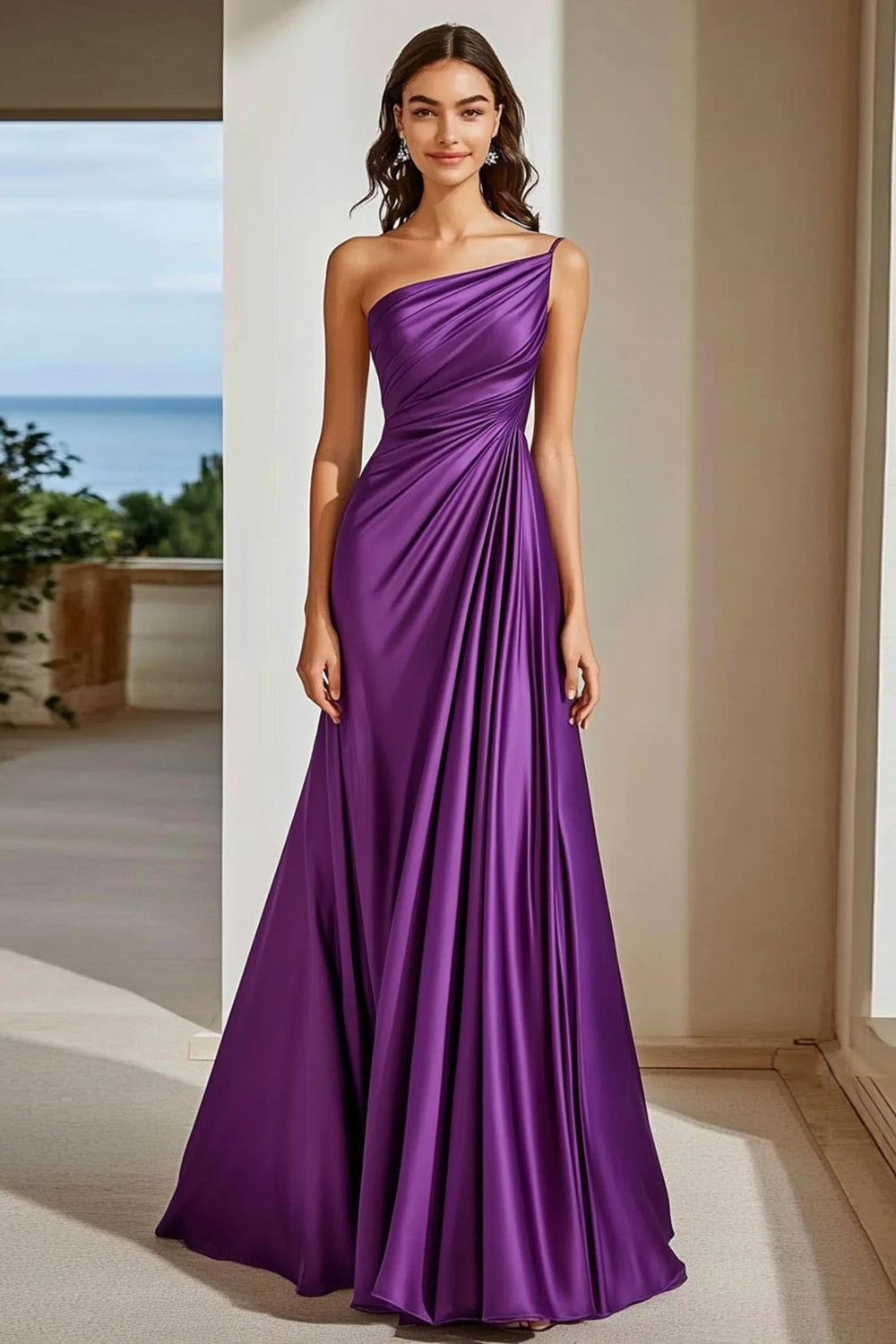 A Line Plum One Shoulder Ruched Maxi Satin Formal Dress