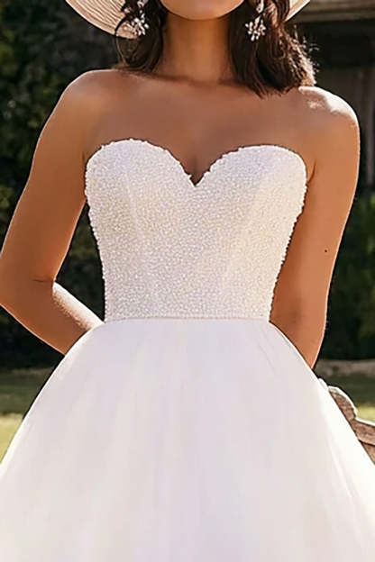 Sparkly White Tulle Beaded Midi Engagement Dress with Ruffles