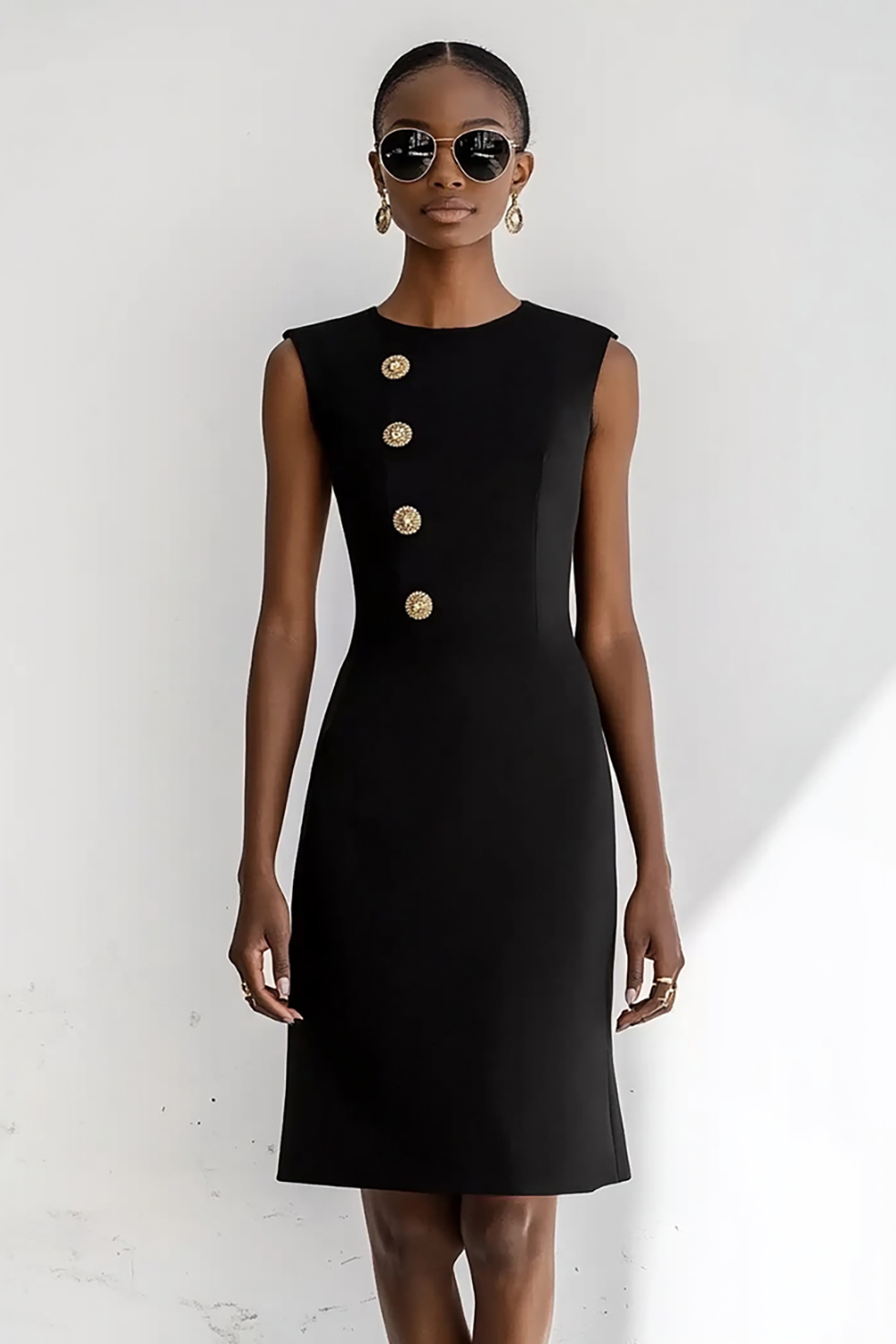Black Sheath Single Breasted Short Work Dress