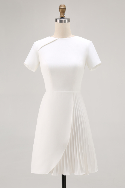 Ivory Jewel Neck Short Sleeves Bodycon Work Dress with Pleats