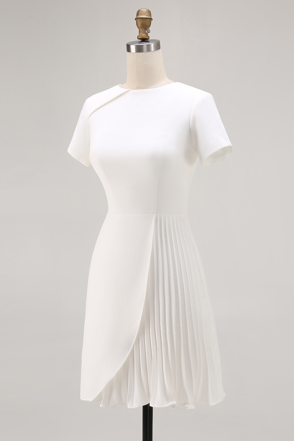 Ivory Jewel Neck Short Sleeves Bodycon Pleated Work Dress