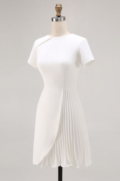 Ivory Jewel Neck Short Sleeves Bodycon Pleated Work Dress