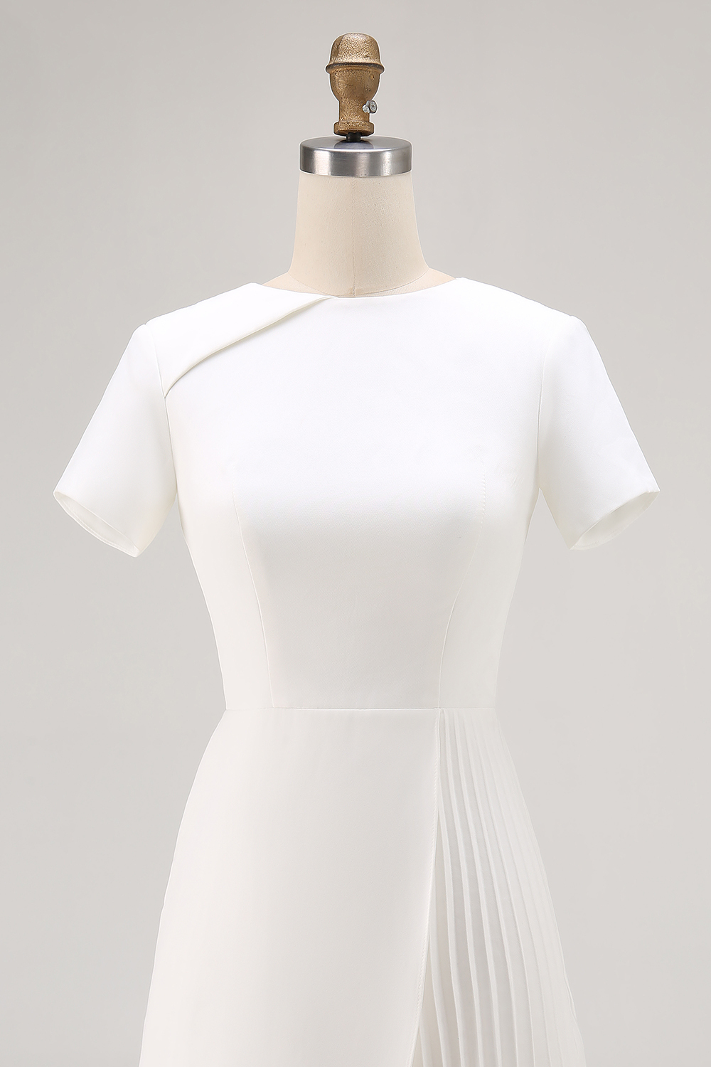 Ivory Jewel Neck Short Sleeves Bodycon Work Dress with Pleats
