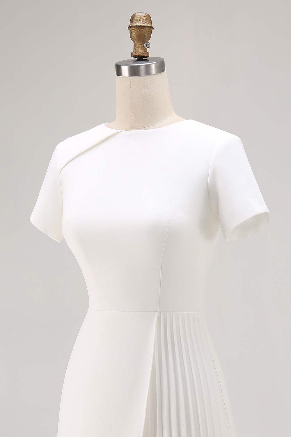 Ivory Jewel Neck Short Sleeves Bodycon Pleated Work Dress