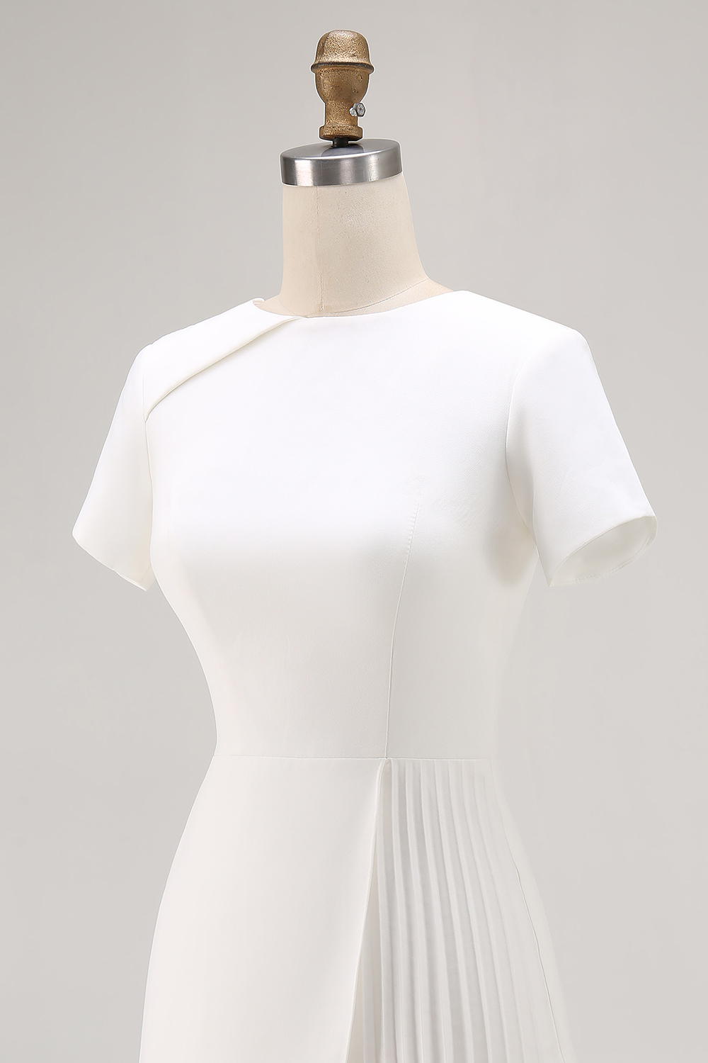 Ivory Jewel Neck Short Sleeves Bodycon Pleated Work Dress