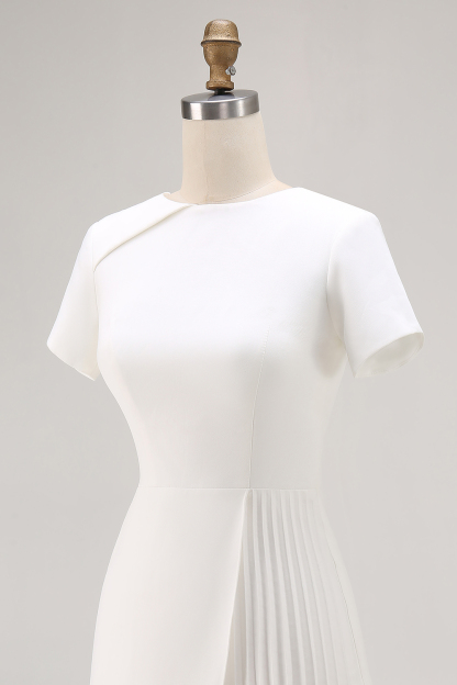 Ivory Jewel Neck Short Sleeves Bodycon Pleated Work Dress