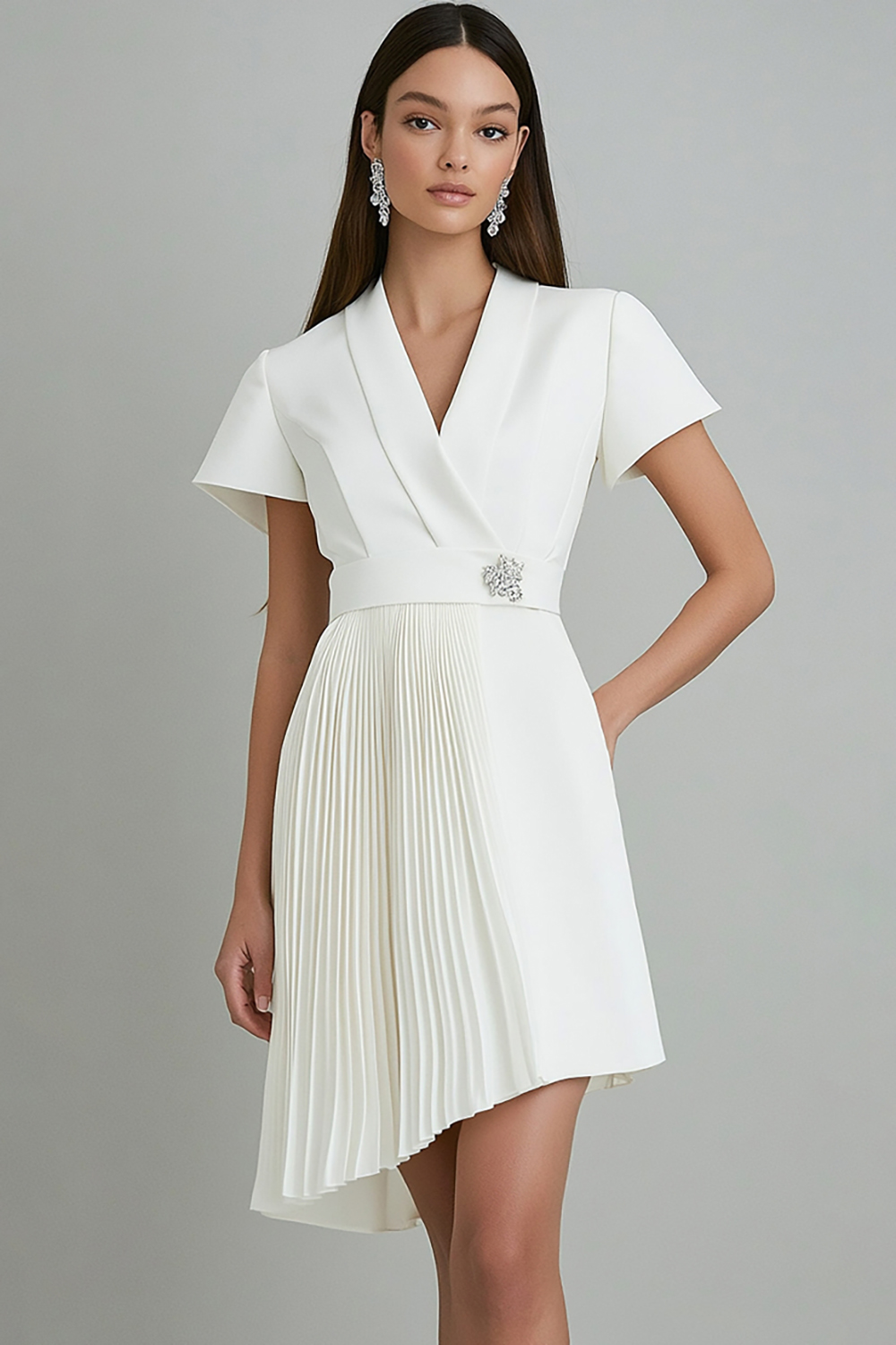 Ivory Short Sleeves Sheath Short Work Dress with Pleats
