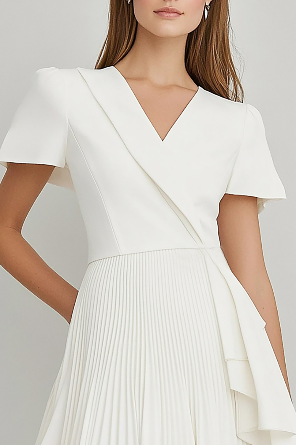 Ivory Short Sleeves A Line Short Work Dress with Pleats
