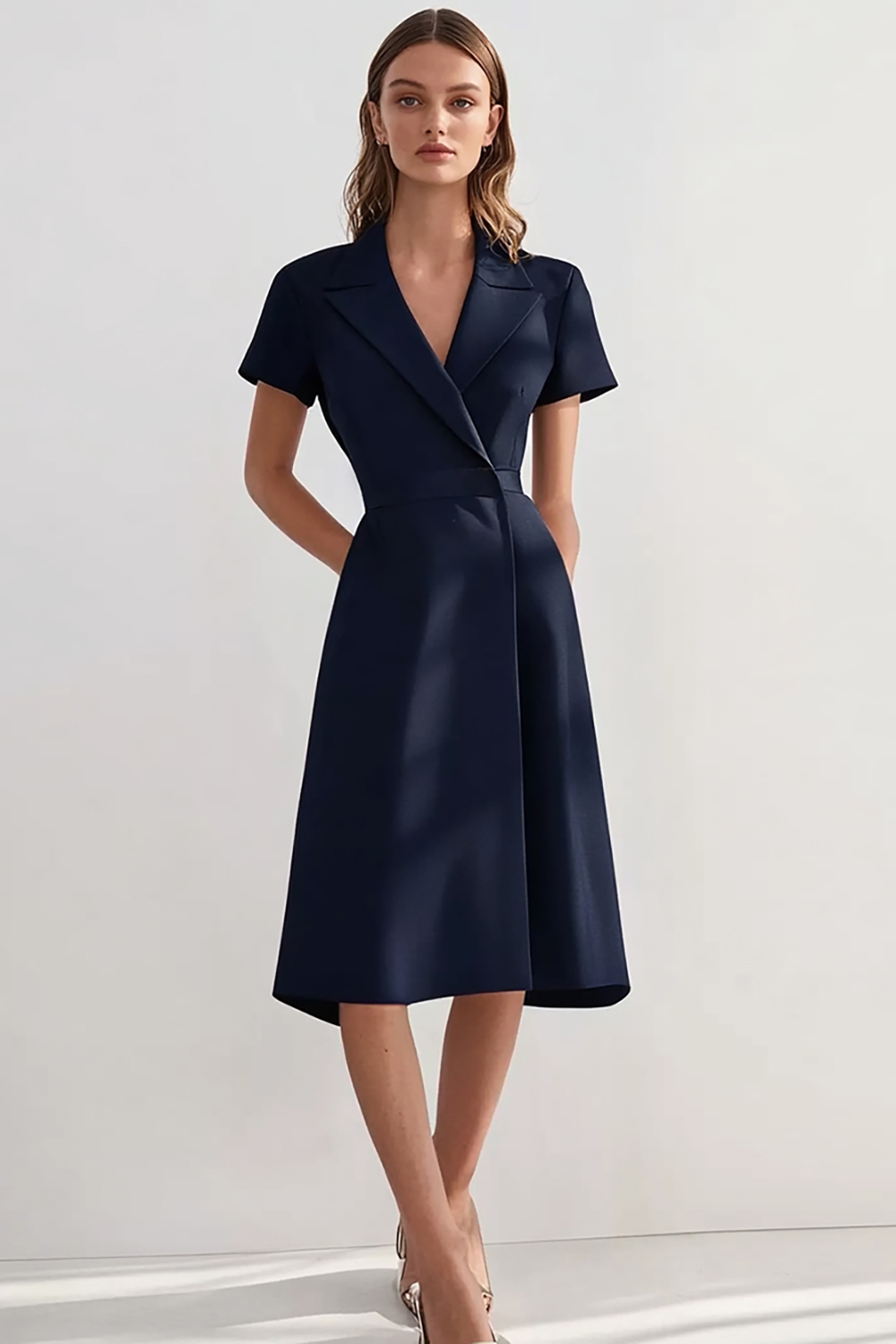 Navy Sheath Peak Lapel Short Sleeves Midi Work Dress