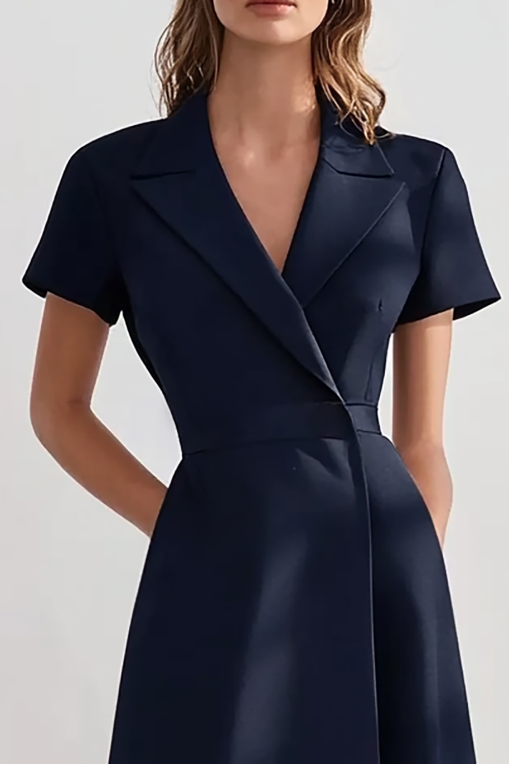 Navy Sheath Peak Lapel Short Sleeves Midi Work Dress