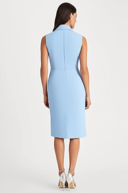 Sky Blue Bodycon Shawl Lapel Midi Work Dress with Slit