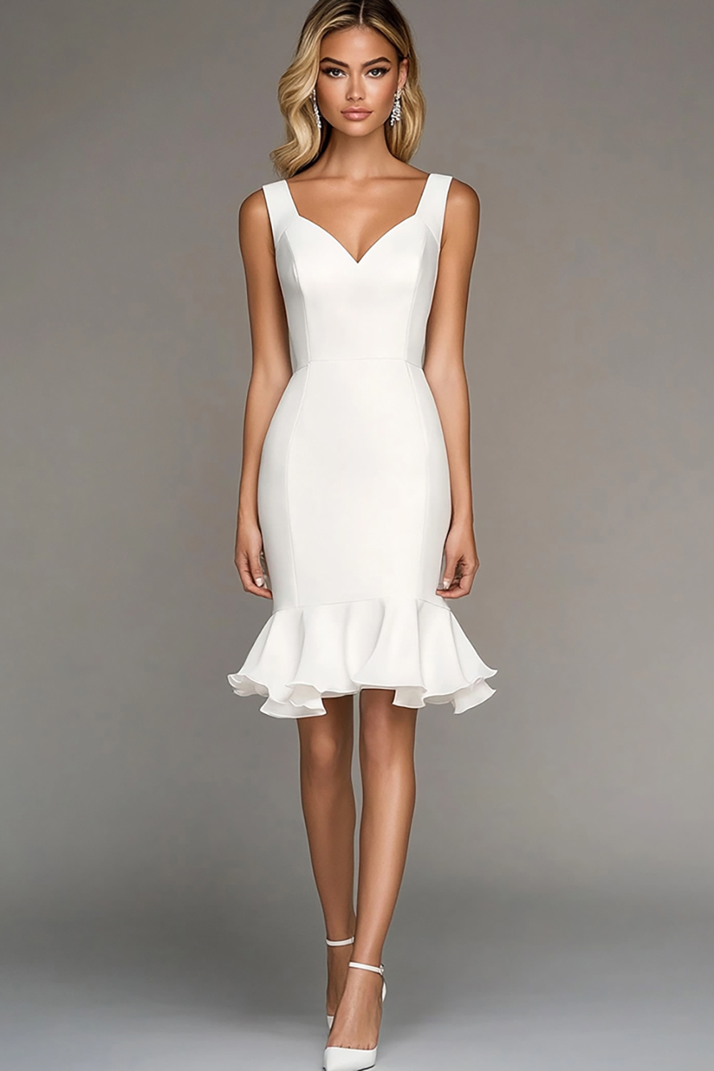  Mermaid V-Neck Ivory Short Work Dress with Ruffles