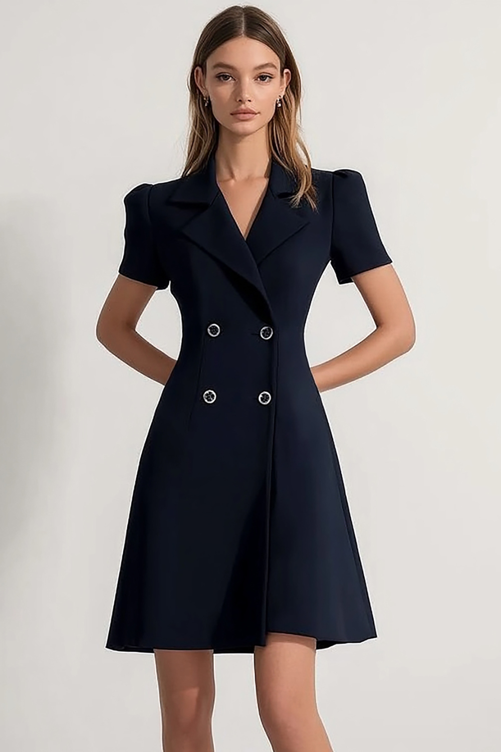 Navy Sheath Short Sleeves Notched Lapel Midi Work Dress