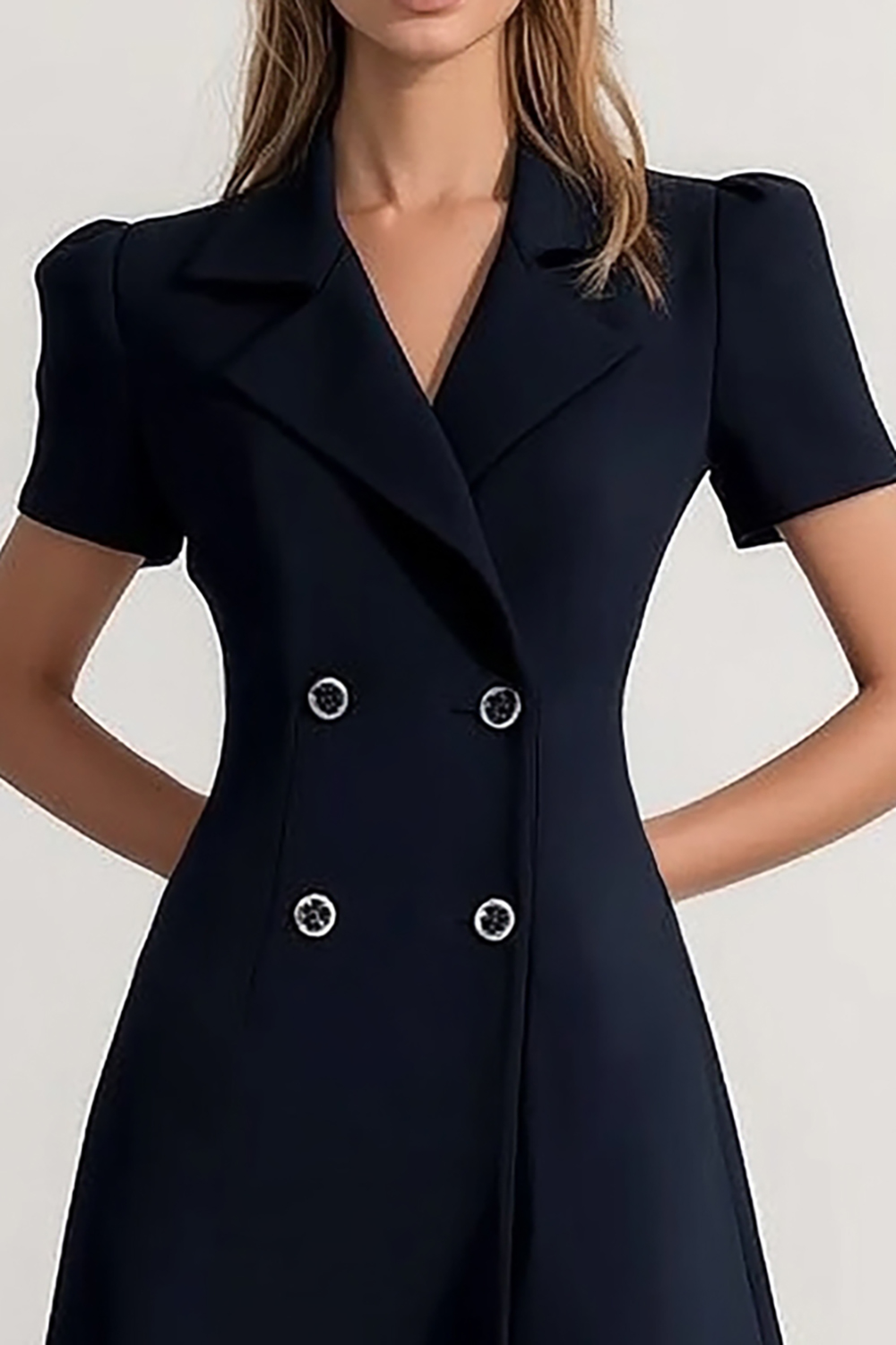 Navy Sheath Short Sleeves Notched Lapel Midi Work Dress