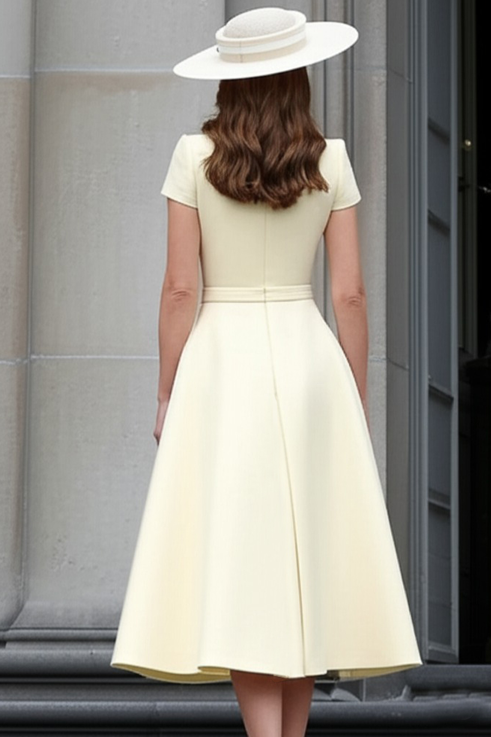 Daffodil Short Sleeves A Line Tea Length Work Dress with Pleats