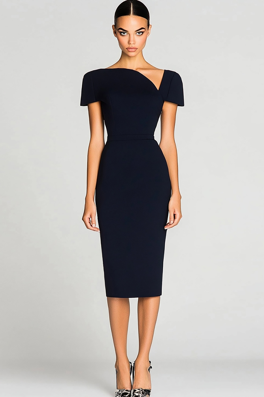 Black Bodycon Short Sleeves Asymmetrical Neck Midi Work Dress