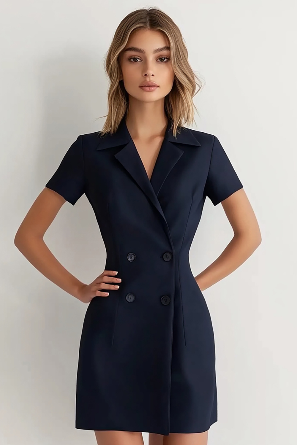 Navy Sheath Notched Lapel Short Sleeves Short Work Dress
